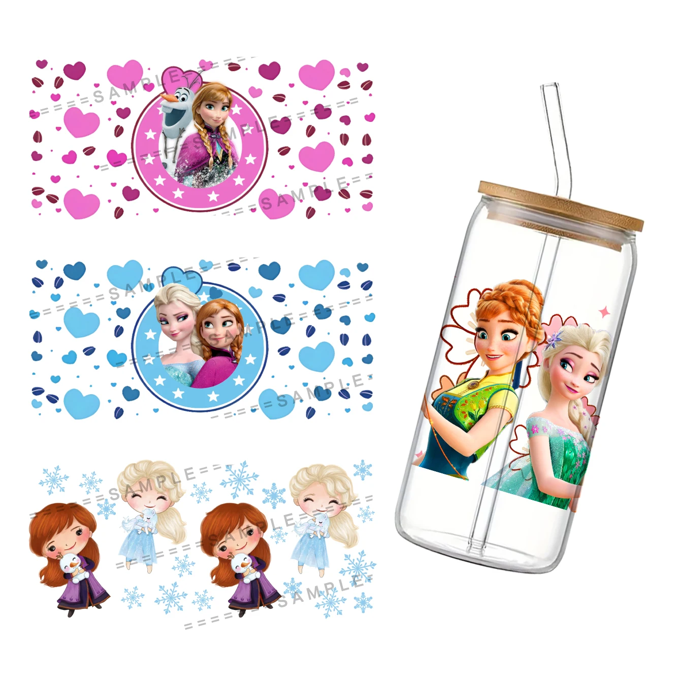 Nice Cute Disney Princess Frozen Design 3D UV DTF Cup Wrap Transfers Stickers Waterproof 16oz Glass UV DTF Wrap