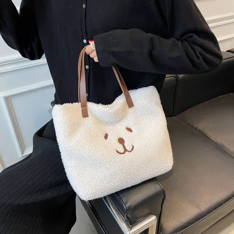 2024 Plush Women's Bag New Korean Handbag In Winter Large Capacity Bear Shopping Bag One Shoulder Tote Bag for Women