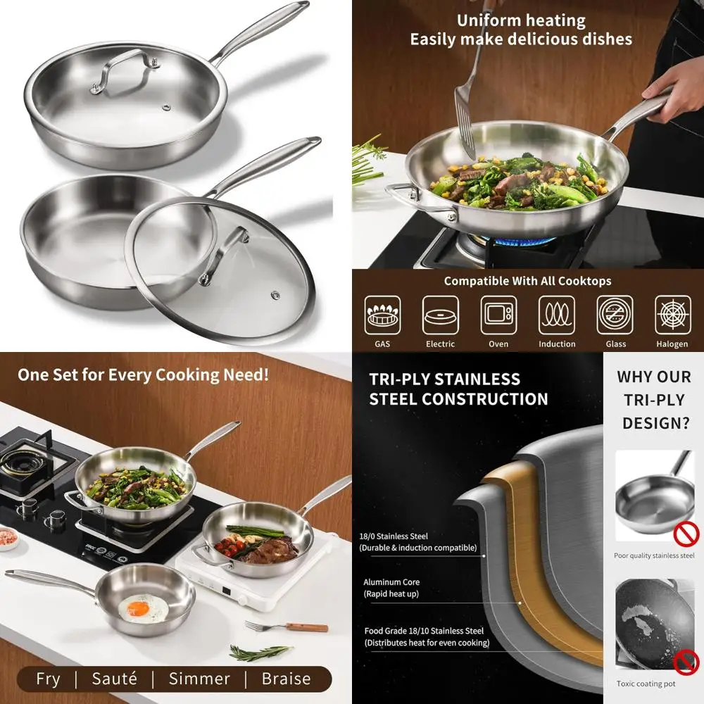 

Stainless Steel Pan Set - PFOA and PTFE-Free Skillet Griddle, Cookware with Lid for Induction Cooking, Kitchen-Friendly