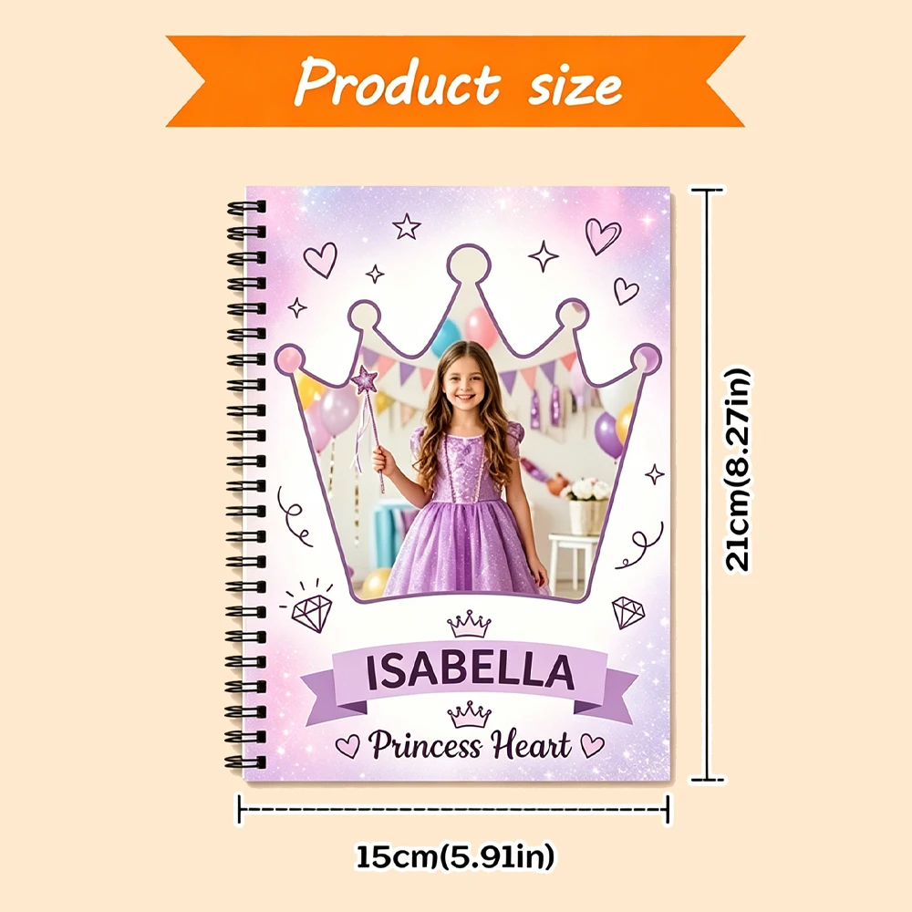 1pc Custom Photo & Name,Princess Crown Spiral Notebook,Lined Inner Pages,Birthday,Back‑to‑School,Note‑taking,School Supplies