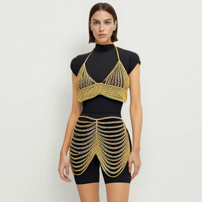 Punk Stil Zwei Stück Set Frauen 2024 Sommer Strand Tragen Körper Kette Hohl Nachtclub Sexy Passenden Sets Schmuck Y2K zubehör – Detail 1