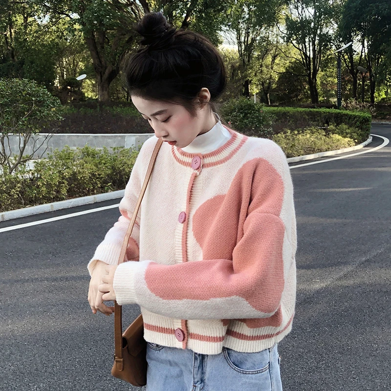 

Knitted Sweater College Style Design For Women Autumn Winter Soft Unique Cardigan Short Coat Sweet O-Neck Single Breasted Top