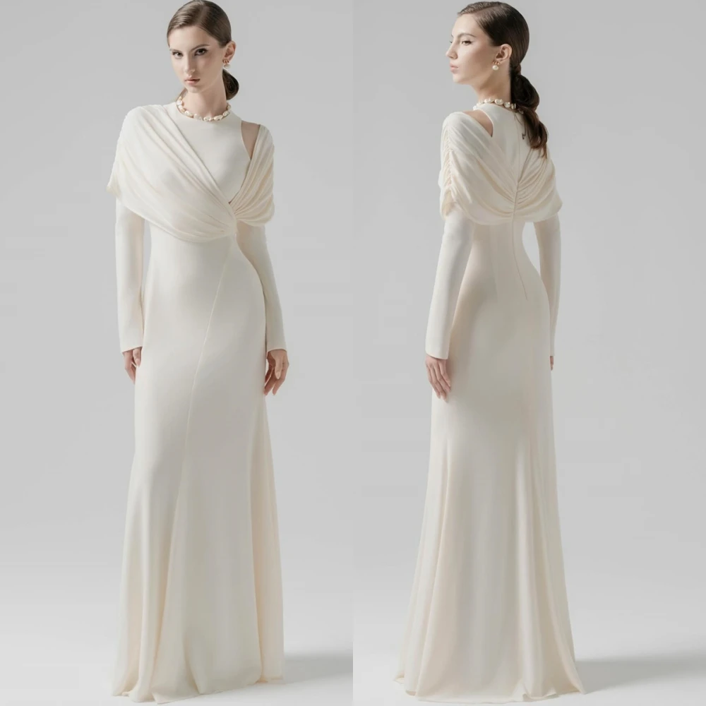 

Customized Temperament Jersey O-Neck Evening Dress Delicate Long Sleeves Cocktail Dress Classic Sweep Train Party Dresses