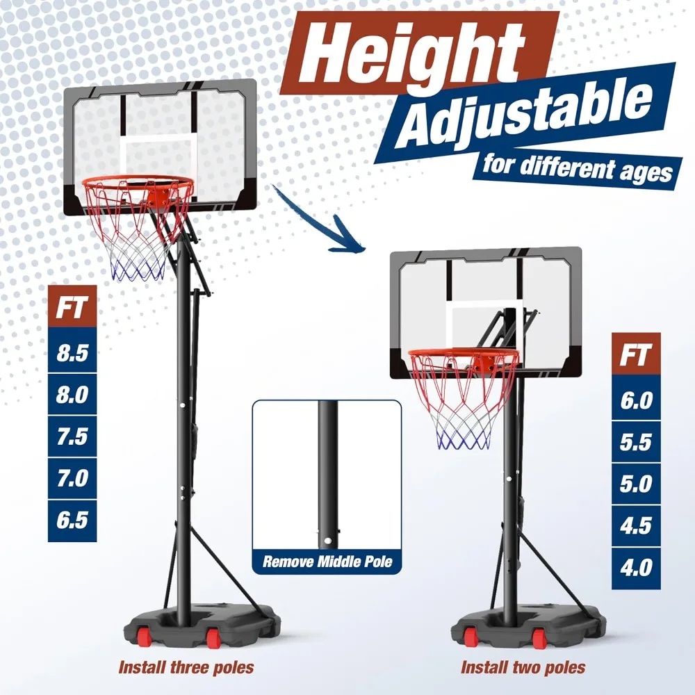 Adjustable Height Portable Basketball Goal System for Kids, 4-8.5 FT, Shatterproof 33 Backboard, Suitable for Ages 4-8
