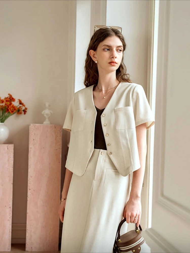 

OLrain Women's Summer Cropped Jackets 2025 Elegant Oats Simple V Neck Spliced Butto Pockets Casual Coat Clothes Woman O24XW91361