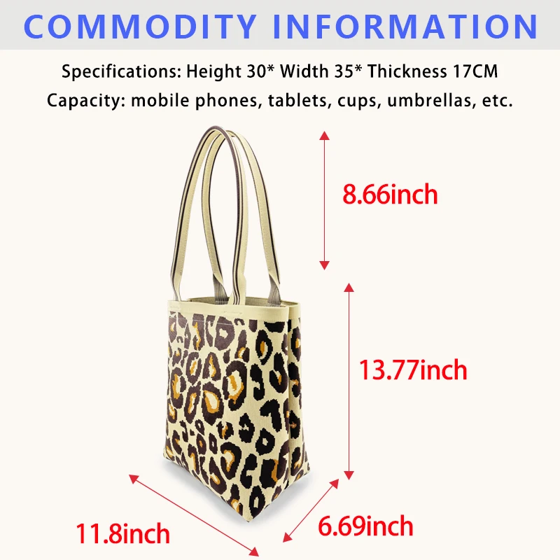 Trendy leopard pattern Italian design fashion retro knitted shopping holiday travel shopping large capacity women handbag