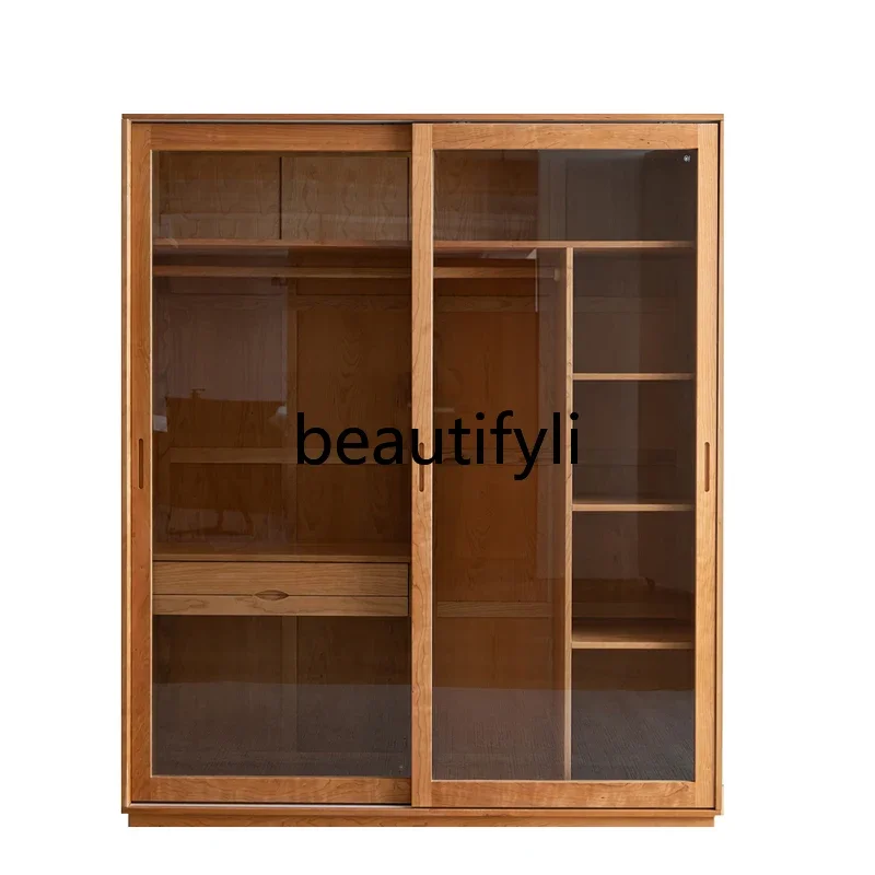 

Nordic all solid wood simple modern cherry wood wardrobe sliding door sliding door glass door large wardrobe bedroom