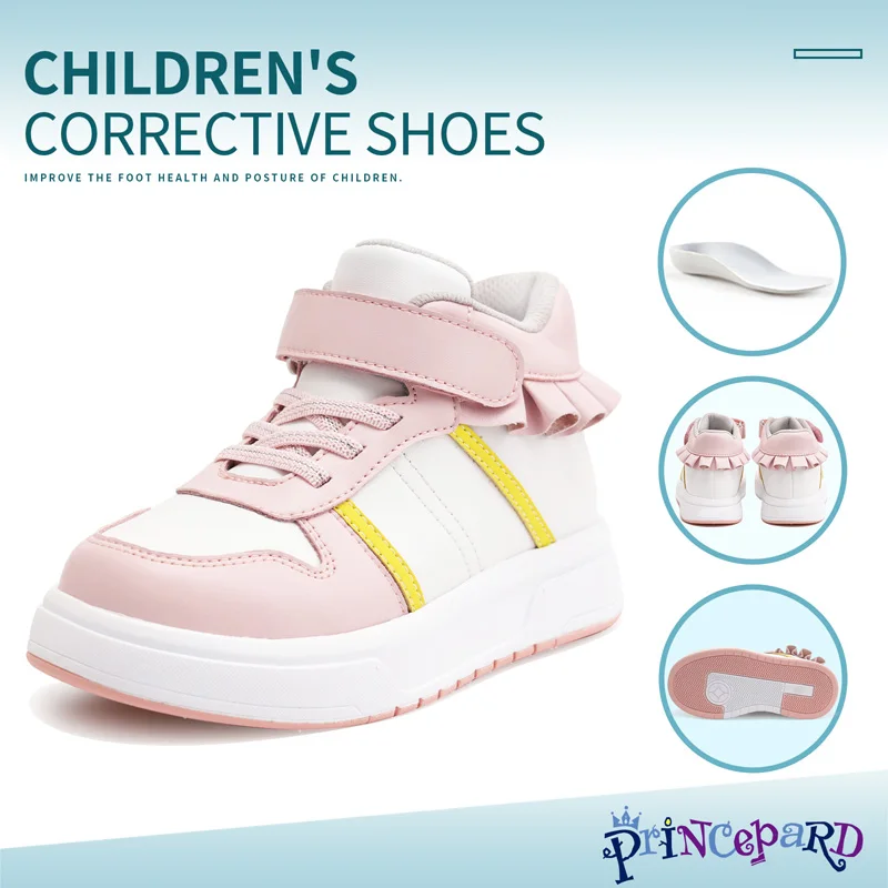 Princepard Orthopedic Girl's Sneakers with Hard Back Support Pink Lace Design Toe Walking Flat Feet Correction Shoes for Kids