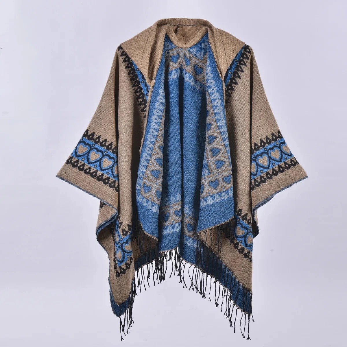 Cape Poncho Cloak Women Hooded Imitate Cashmere Autumn and Winter Lady Stripe Stripe Print Air Conditioning Room Shawl