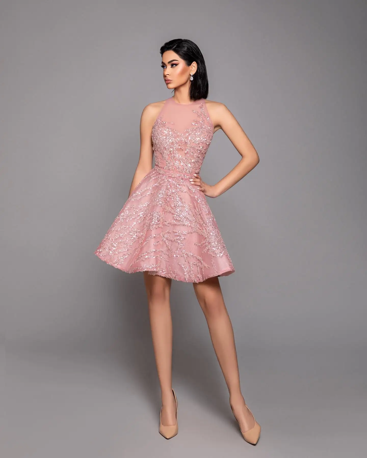 فستان نسائي صيفي وردي قصير على شكل حرف a شفاف بدون أكمام ترتر دانتيل شبكي للحفلات المسائية فستان جديد مصمم من الساتان فساتين حفلات رسمية #3