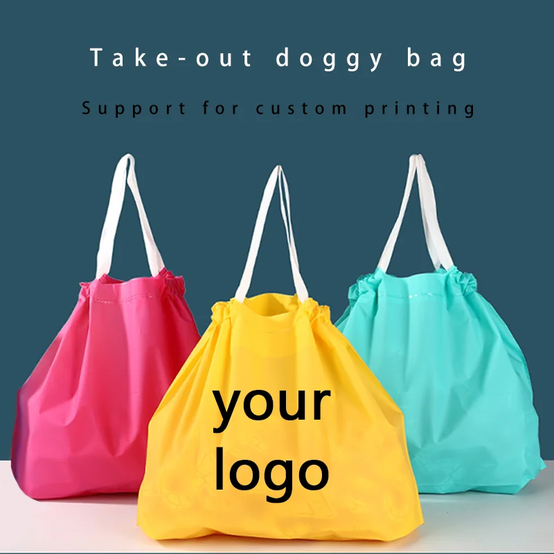 10pcs Plastic Drawstring Takeaway Bags Portable Fruit Lunch Box Gift Portable Drawstring Packaging Bags Custom Printed Logo