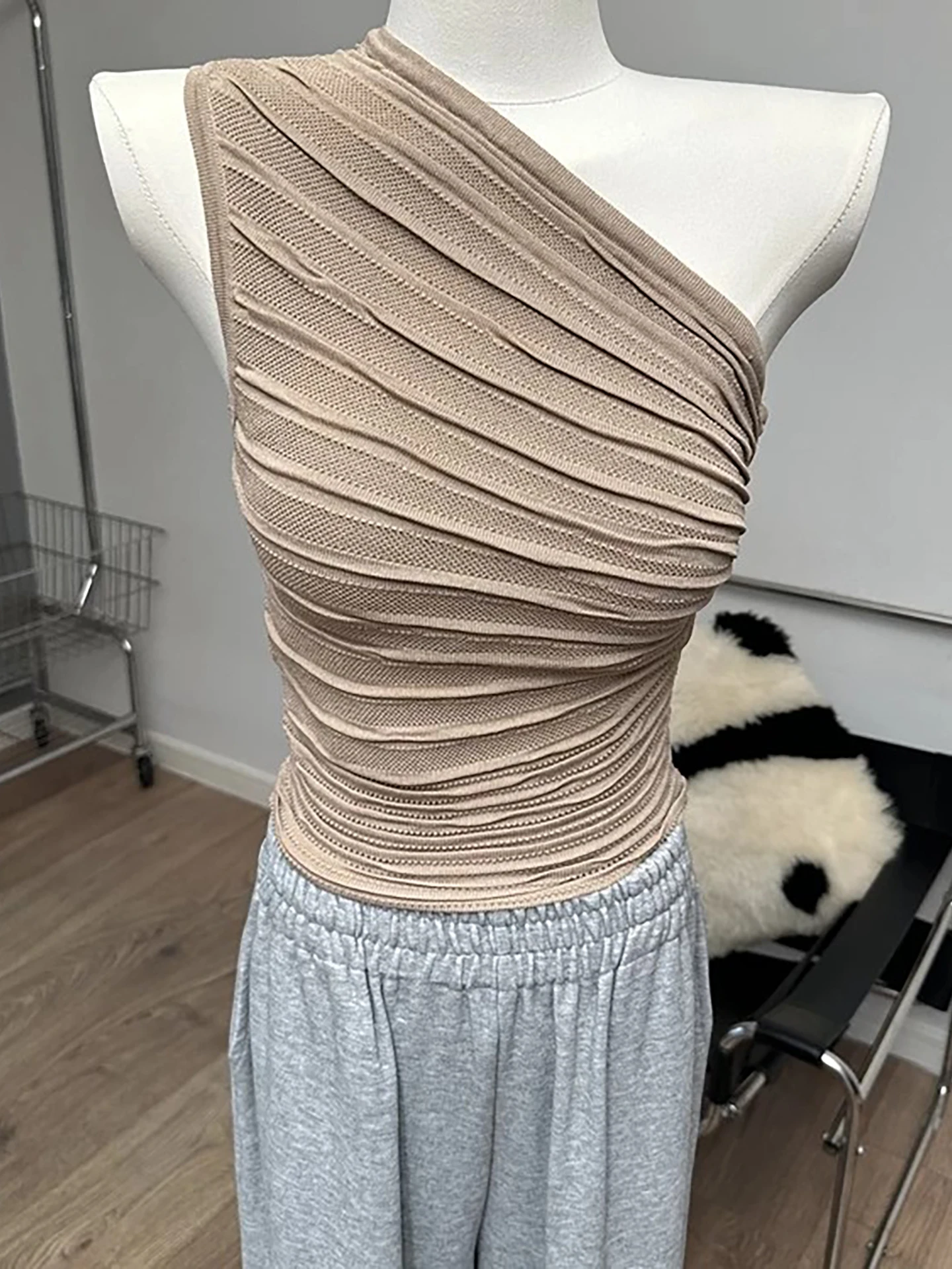 Sleeveless Knitted Short Vest Texture Shoulder Design Slim Fit Base Shirt Innerwear Outerwear Casual Elastic Patchwork Ladies...