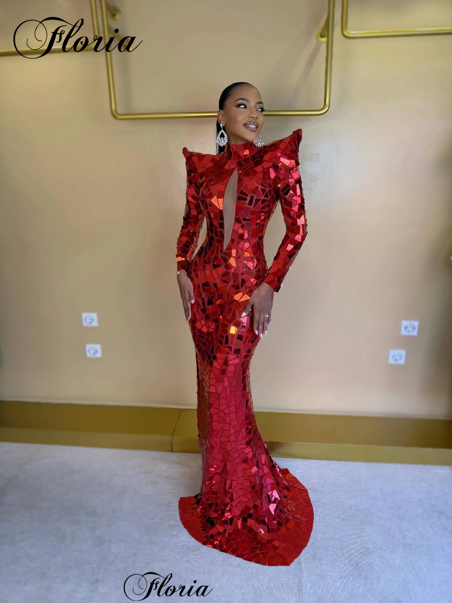 

Dubai Red Celebrity Dresses Mermaid Heavy Handmade Sewing Evening Gowns Long Sleeves Prom Dresses Vestidos De Noche Customized