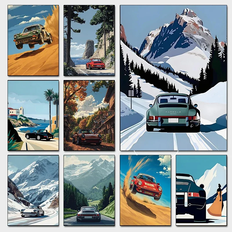 1pc frameless Canvas Painting Classic Alpine Drive Poster Vintage Alpine Tour Cartoon Print Canvas Painting Wall Art Painting Ho
