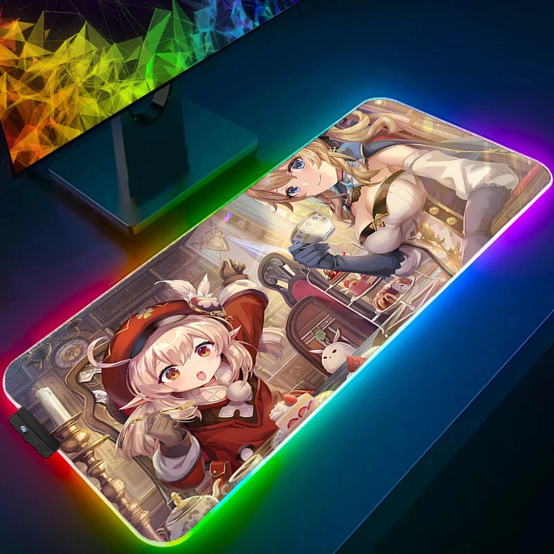 Tapis de souris vitesse Mini LED PC ordinateur Genshin Impact Klee clavier tapis RGB Kawaii Anime fille tapis de bureau accessoires de jeu tapis de souris