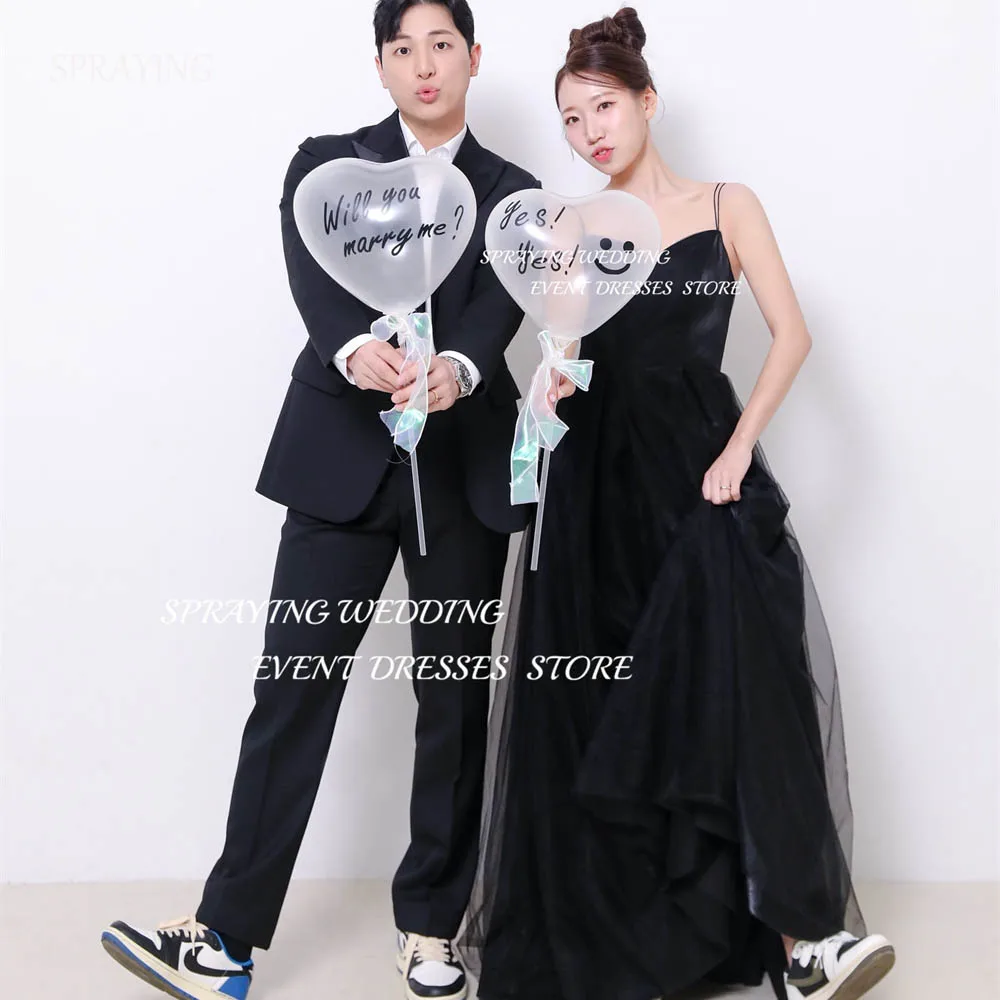 

SPRAYING Simple Spaghetti Strap Black Wedding Dress Photoshoot Tulle A-line Floor-Length Long Bridal Gown 2024 Puffy Skirt