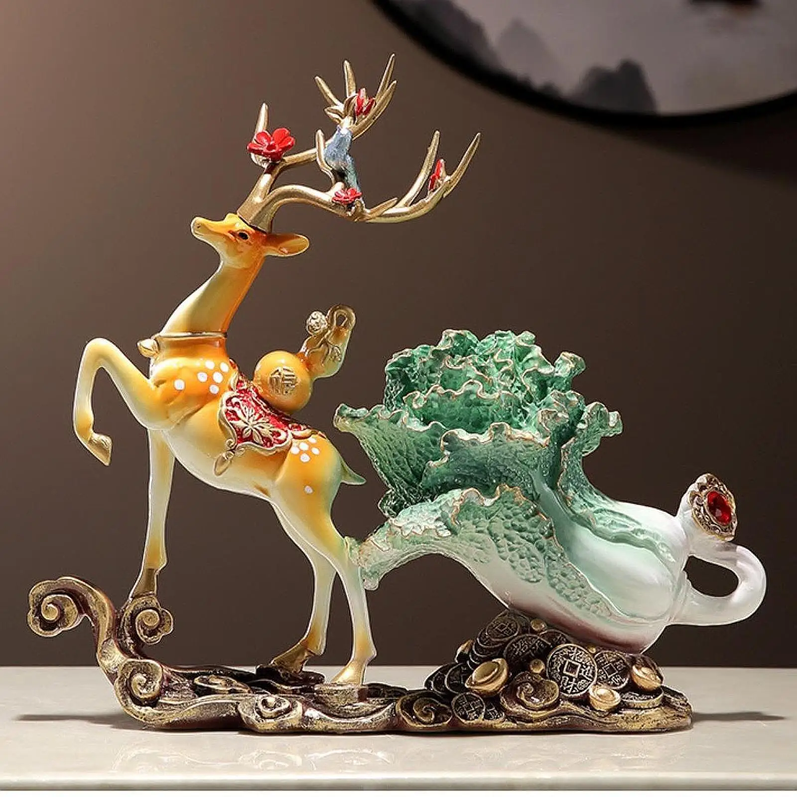 Deer and Cabbage Statue Crafts Collectible Artwork Resin Figurine for Hallway