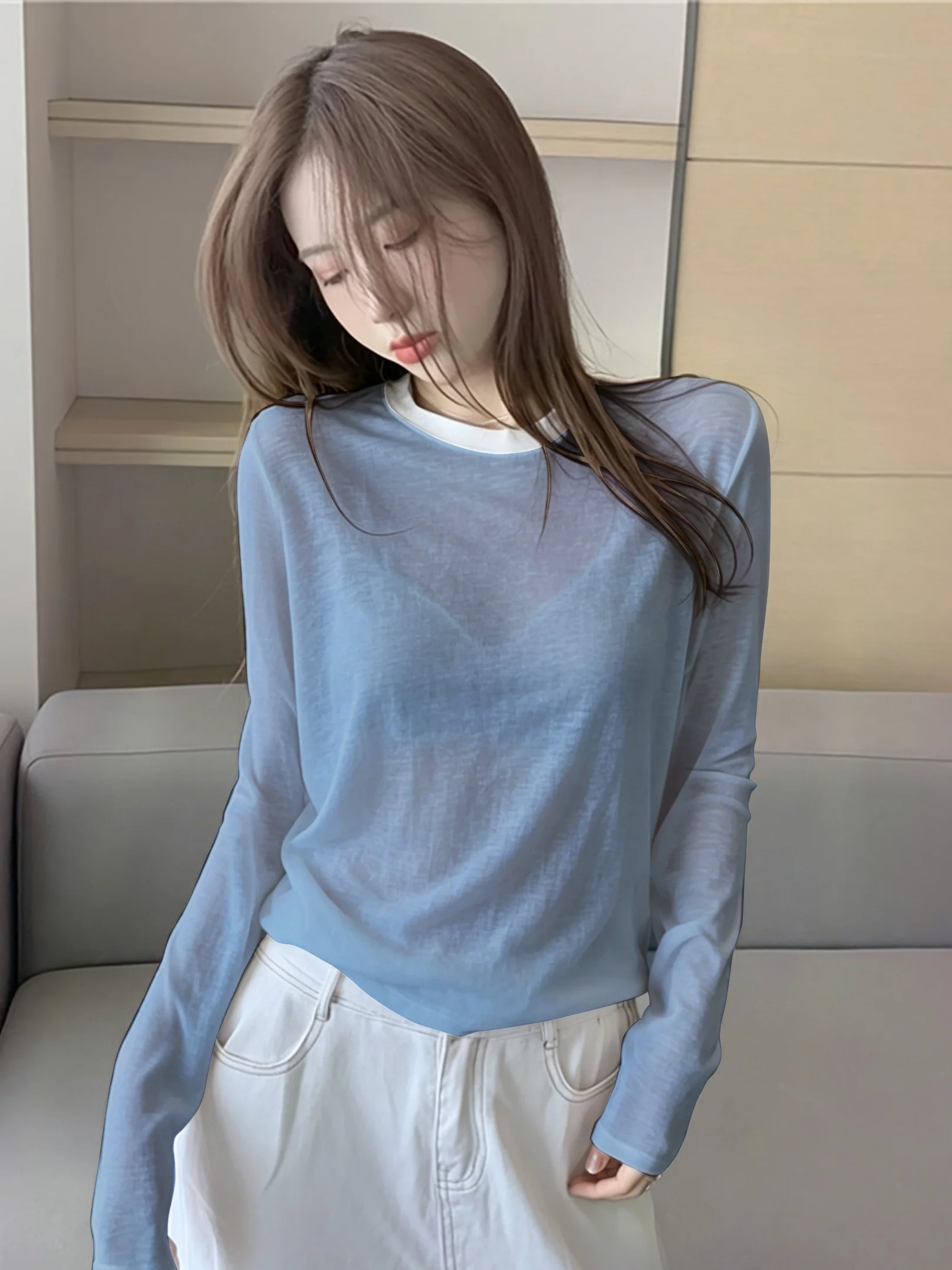 

Summer Lightweight Loose Long Sleeve T-Shirt Women's Color Block round Neck Cover up Breathable Commuting Top