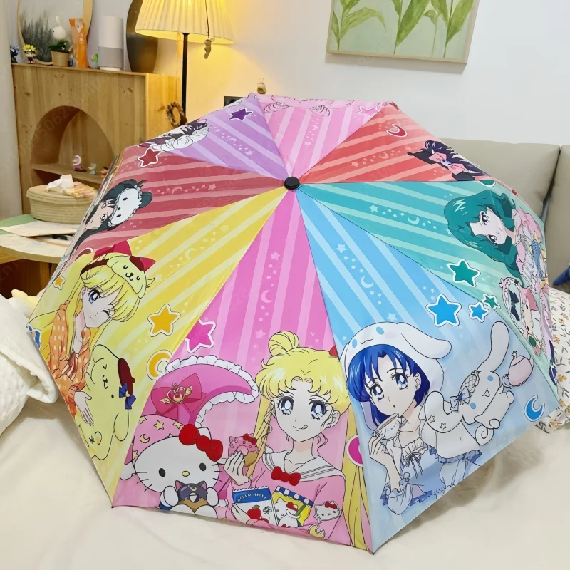 Hot Anime Sanrio Moon Fully Self-Opening Umbrella Automatic Cartoon Umbrella Girls Sun Uv Protection Dual-Use Folding Umbrellas