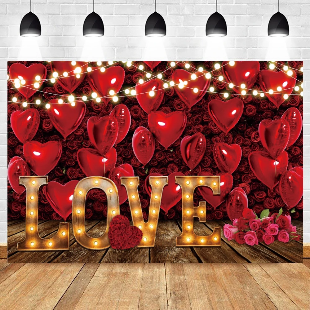 Valentine's Day Backdrop February 14 Rose Love Heart Balloons Flowers Wedding Anniversary Ceremony Photography Background Decor