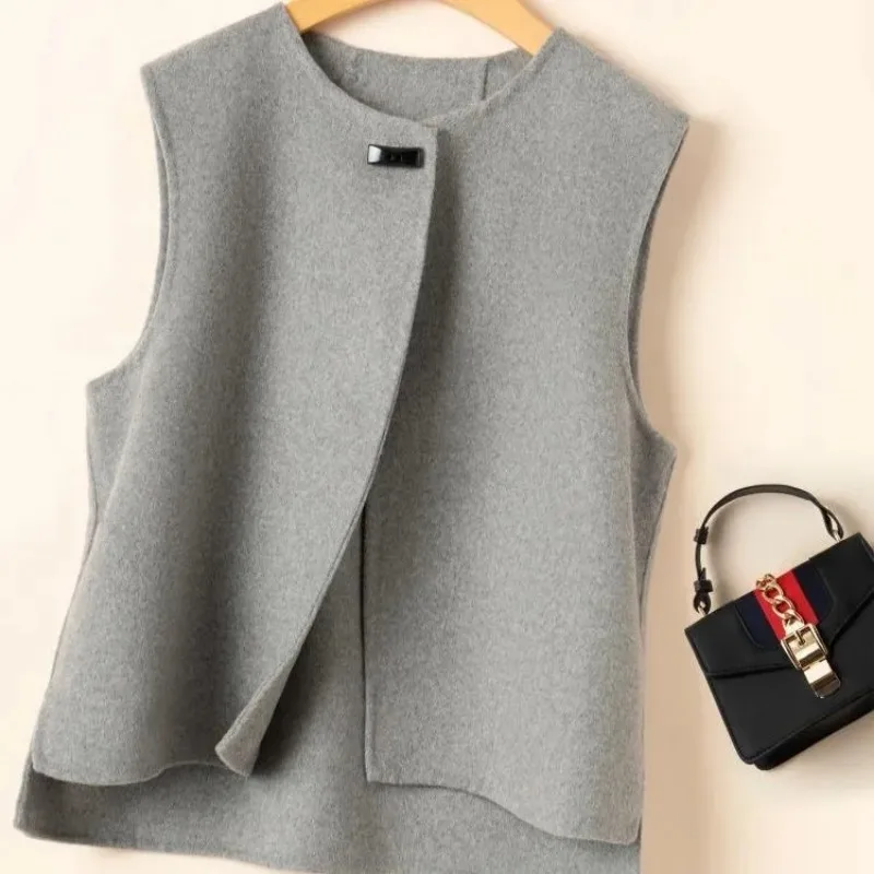 Elegant Women Autumn Winter Round Neck One Button Double Faced Wool Vest Short Sleeveless Waistcoat Outerwear