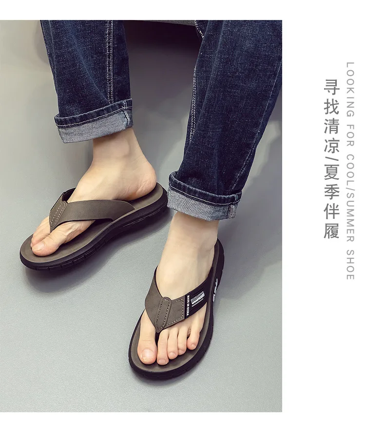 Herren-Leder-Flip-Flops, Sommer-Neuheit, rutschfest, dicke, weiche Sohle, verschleißfest, lässige Sandalen für Zuhause, draußen, Strand – Detail 15