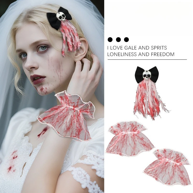 

Винтажный готический кружевной головной убор невесты на Хэллоуин и розовые манжеты на запястье - темный и жуткий костюм, идеально подходящий для домашних торжеств