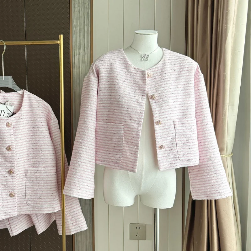 

Pink Striped Small Fragrance Casual Coat Women Spring Gentle Fashion Loose Sweet Wild French Tweed Long Sleeve Coat Female