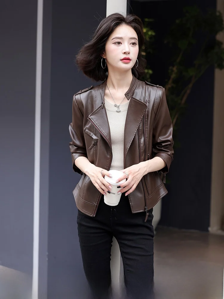 

Корейская короткая кожаная куртка из овчины для женщин, приталенная, с воротником-стойкой, в мотоциклетном стиле, модная верхняя одежда