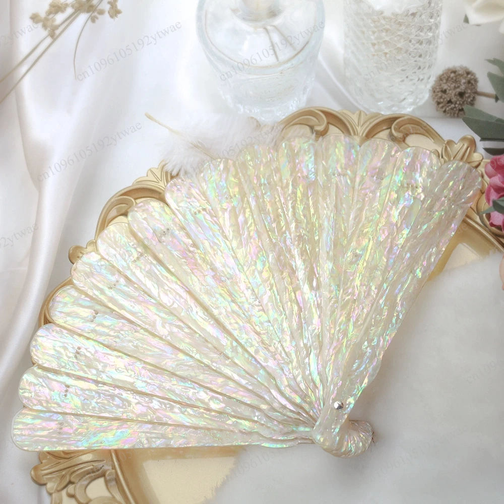 Handmade Epoxy Snail Shell Fan Hanfu Photo Prop Antique Mother Shell Folding Fan