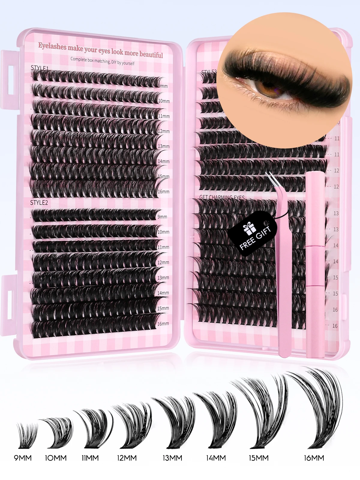 GROINNEYA Eyelash Clusters Kit Large capacity Wispy Individual Lashes Natural DIY Cluster Eyelash Extensions for Beginners