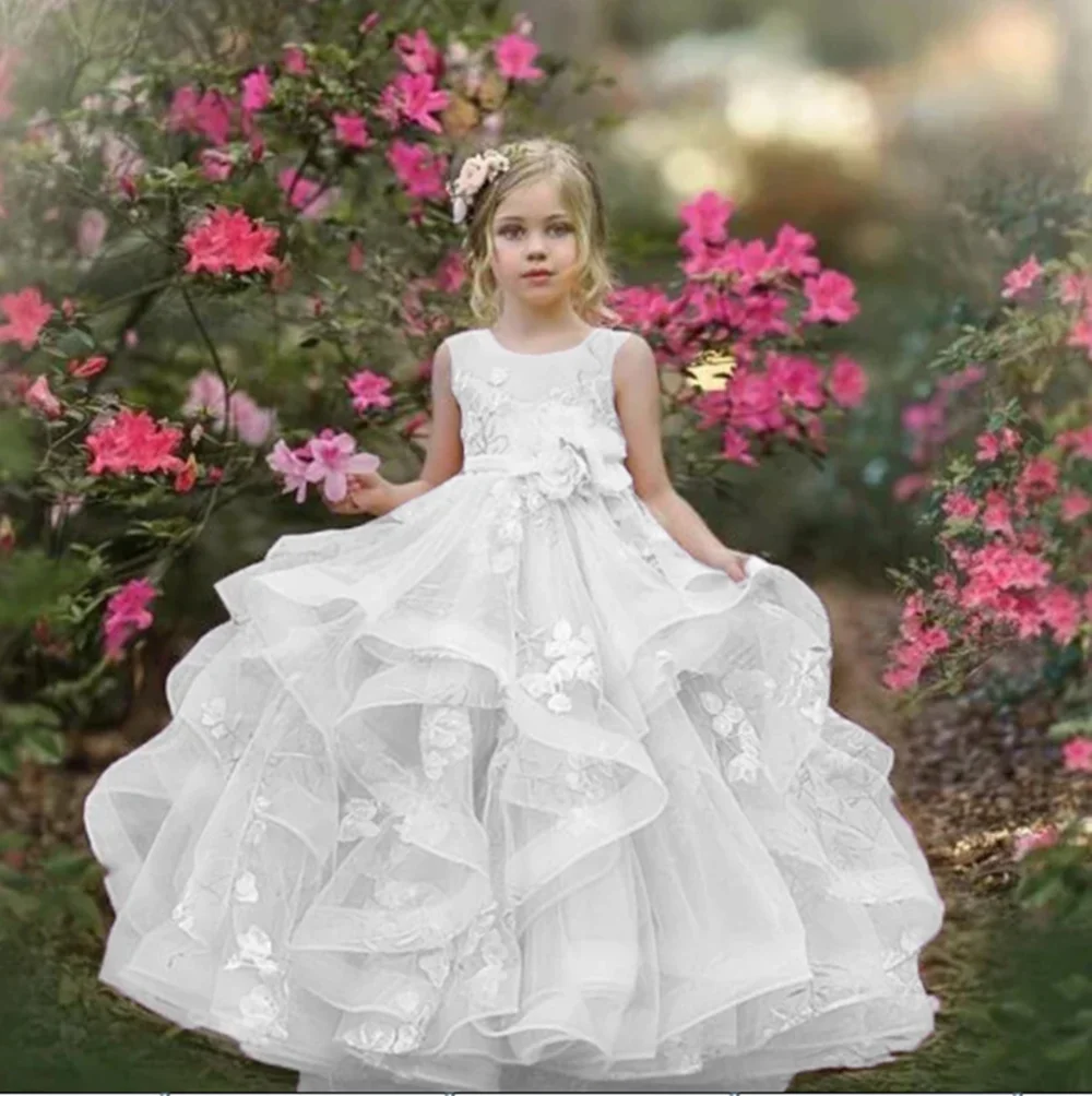 

White Flower Girl Dresses with Sash Lace Appliques Custom Made Ball Gown First Communion Dresses for Girls Elegant Hot Sale