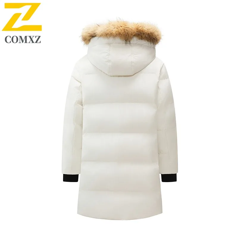 COMXZ Men Long Down Jacket Fur Collar Hooded Outdoor Ski Windproof  Filler Down Luxurious Daily Style Lightweight Winter Coat