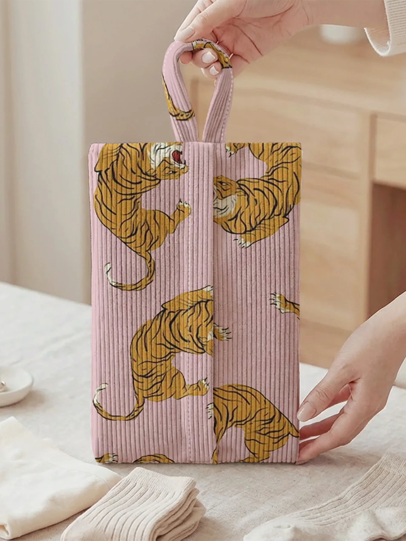 Pink Background Tiger Print Corduroy Vertical Storage Bag, Handheld Fabric Organizer for Underwear and Socks