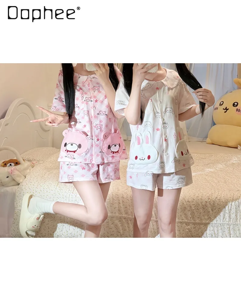 Original sweet cute girl cartoon print kawaii pajama set doll collar top shorts two-piece set loose casual women's loungewear