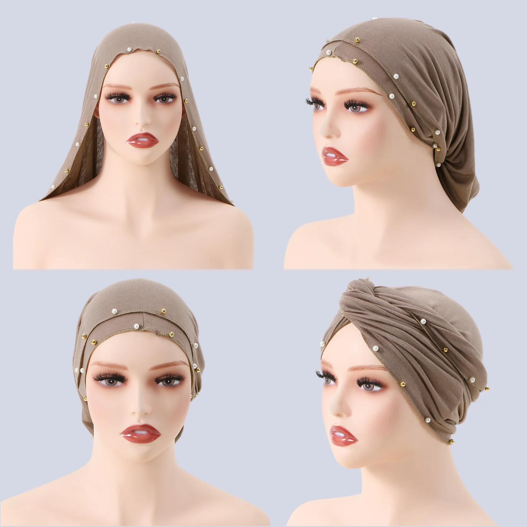 New Ramadan Pearls Cotton Jersey Instant Hijab Cap Solid Muslim Woman Undercap Stretch Cross Hat Islam Turban Bonnet Headband
