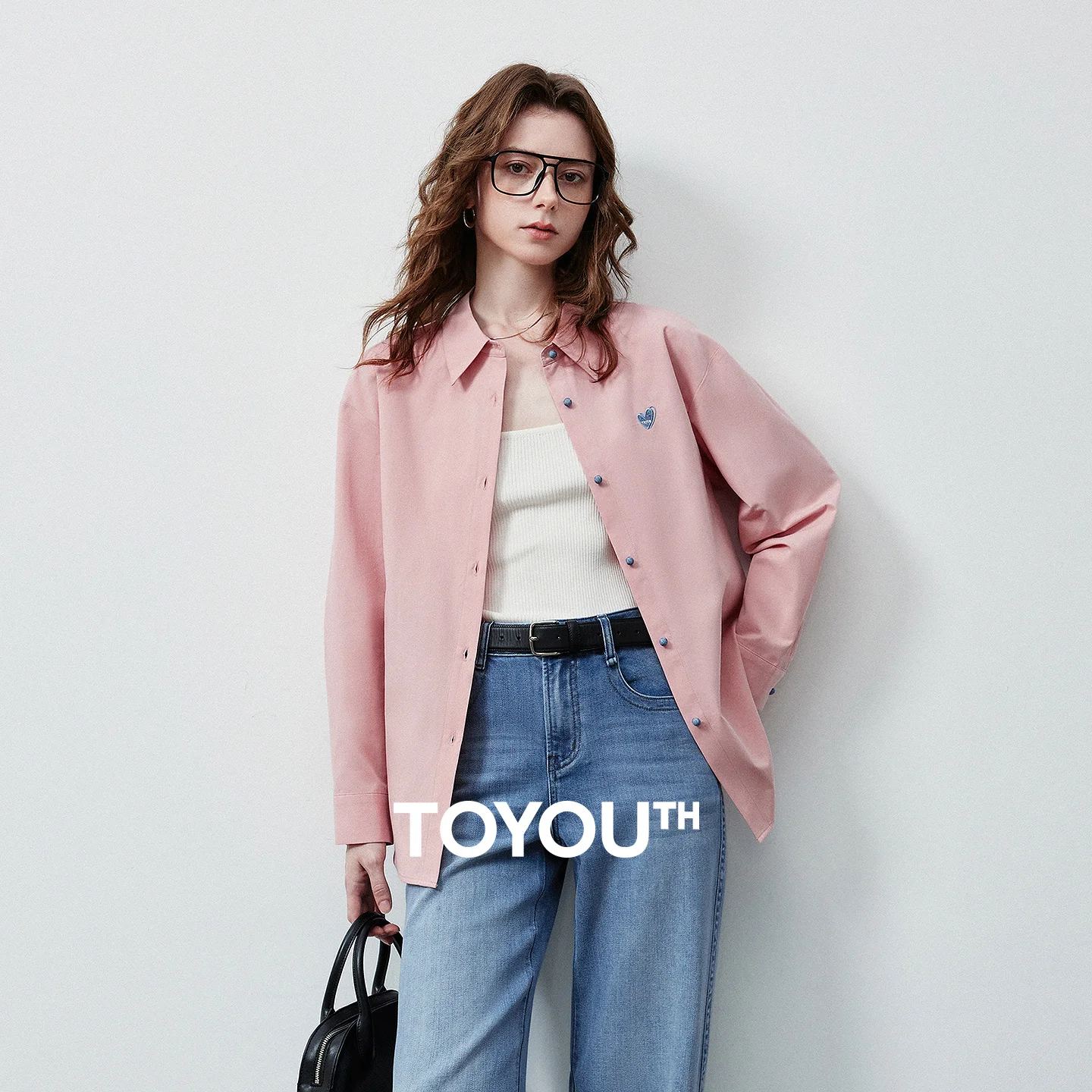 TOYOUTH Women's Color Block Heart Embroidery Blouse 2026 Summer New Pure Cotton Loose Button Down Morandi Color Daily Wear Top