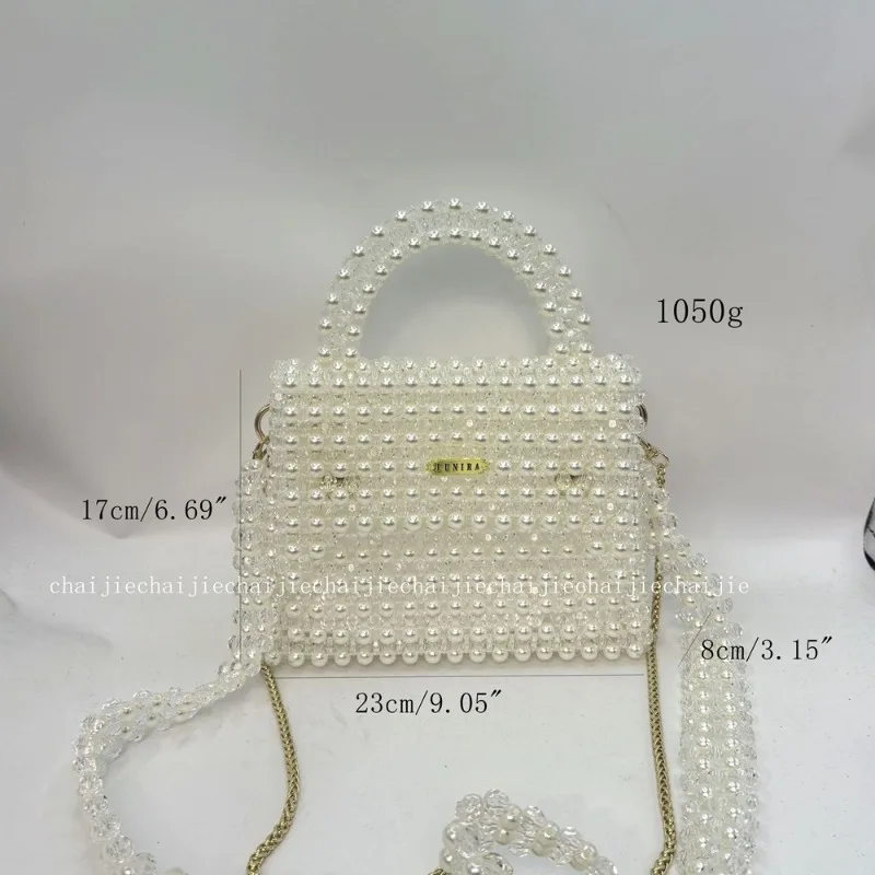 New Fashionable Socialite Temperament High-end Bead Small Square Bags 2026 Exquisite Compact Pearl Hand Woven Crossbody Handbag
