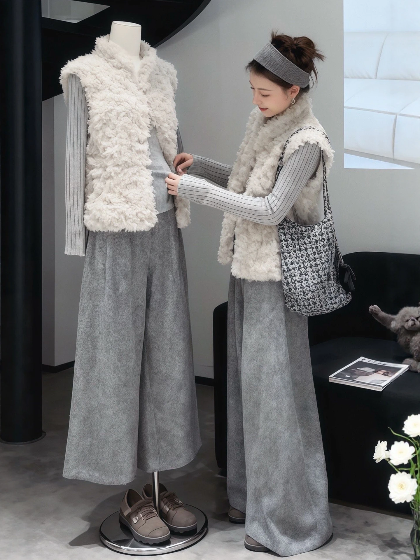 

Зимний теплый комплект из трех предметов: жилет из овчины, вязаный свитер и брюки с широкими штанинами, женский модный повседневный комплект с высокой талией