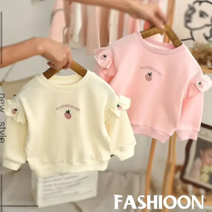 kids T-Shirts Spring and Autumn New Childrens Hoodie Lotus Leaf Sleeves Embroidered Fashion Top Babys Stylish Round Neck Clothes