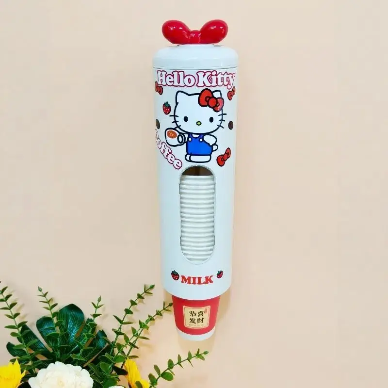 مرحبا كيتي لطيف حامل الكأس القابل للتصرف التلقائي كأس المنتقى الحائط تخزين الرف لا اللكم الغبار واقية ورقة كوب المنظم #1