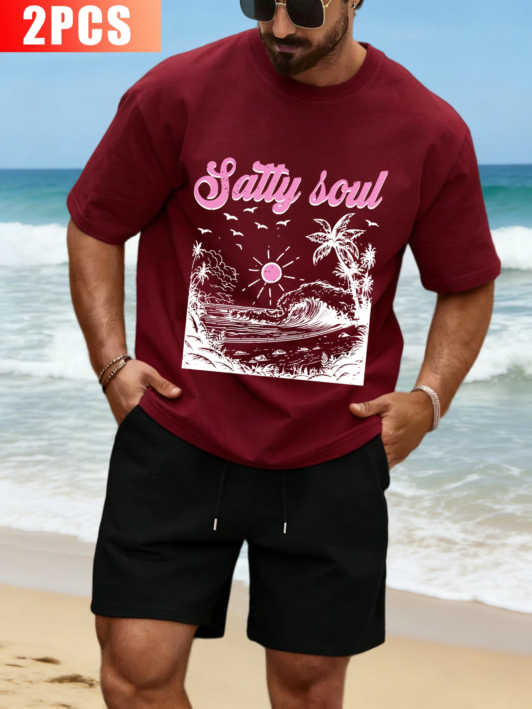

Sun Coconut Trees And Waves Design T Shirts Suit Man Cotton O-Neck Tee Casual Loose Wide-Leg Shorts Summer Men Short Sleeve Set