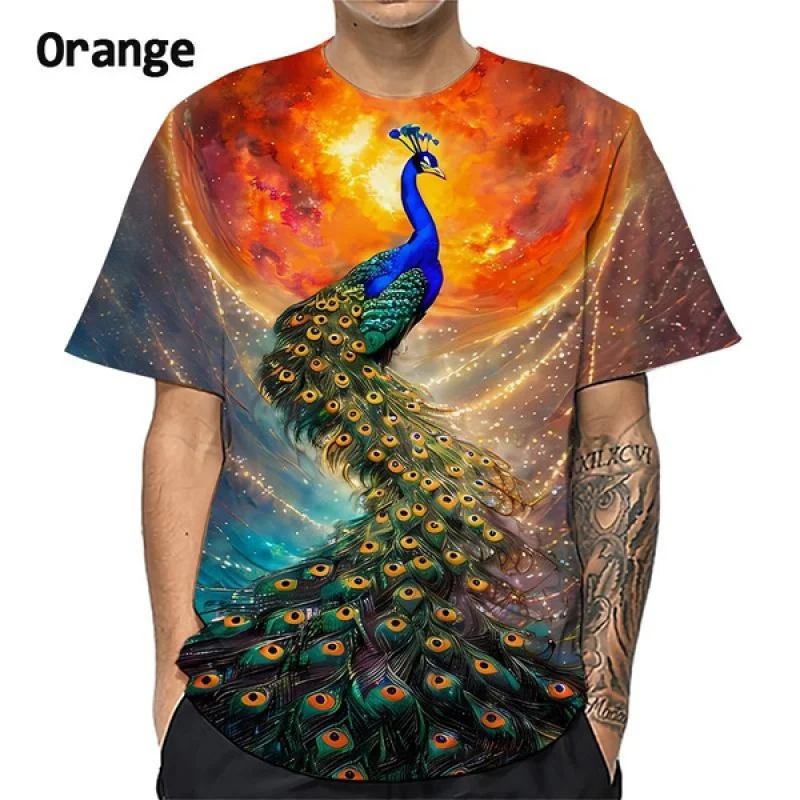 Men Peacock Printed T Shirts Short Sleeve Casual Loose T Shirt for Men