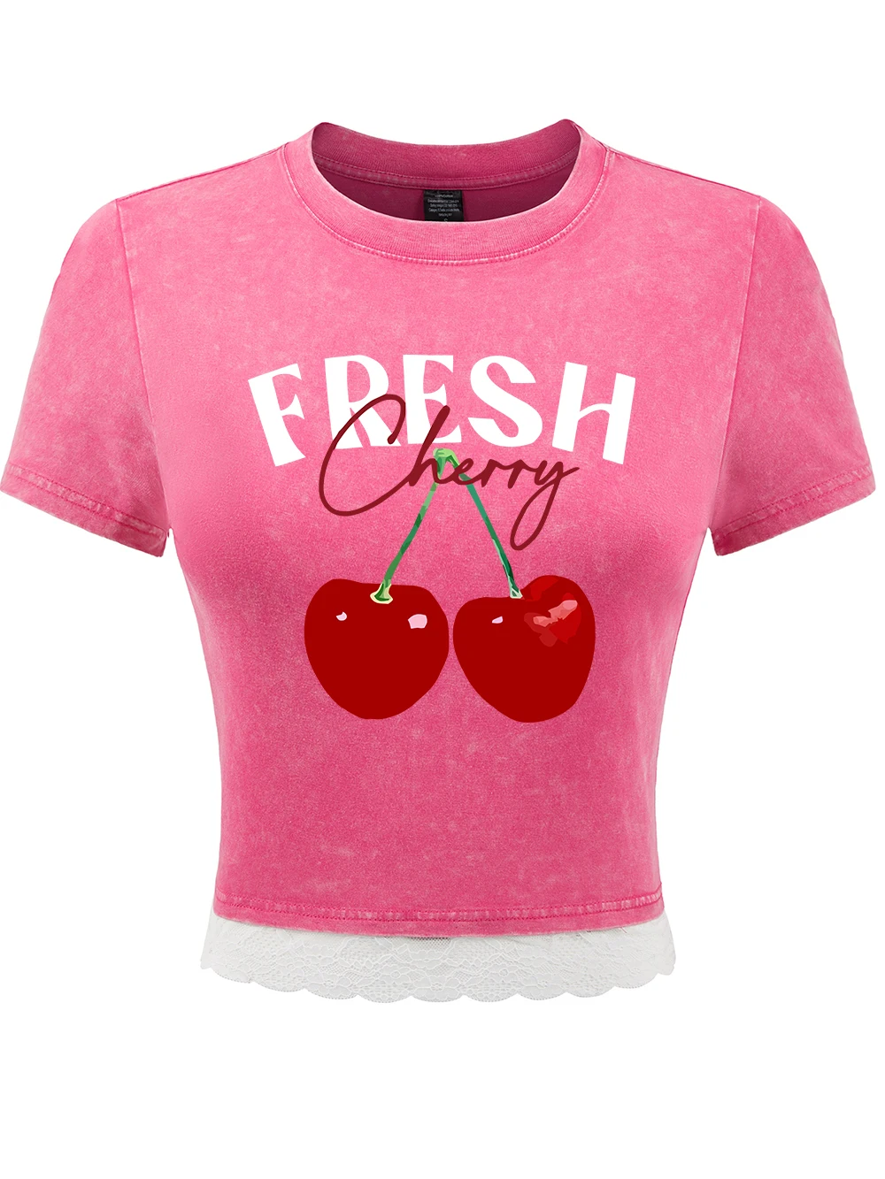 

Fresh Cherry Prints Cotton Crop Tops Womens Summer Street Lace Hem Washed T-Shirts O-Neck Distressed Short Sleeve Casual Clothes