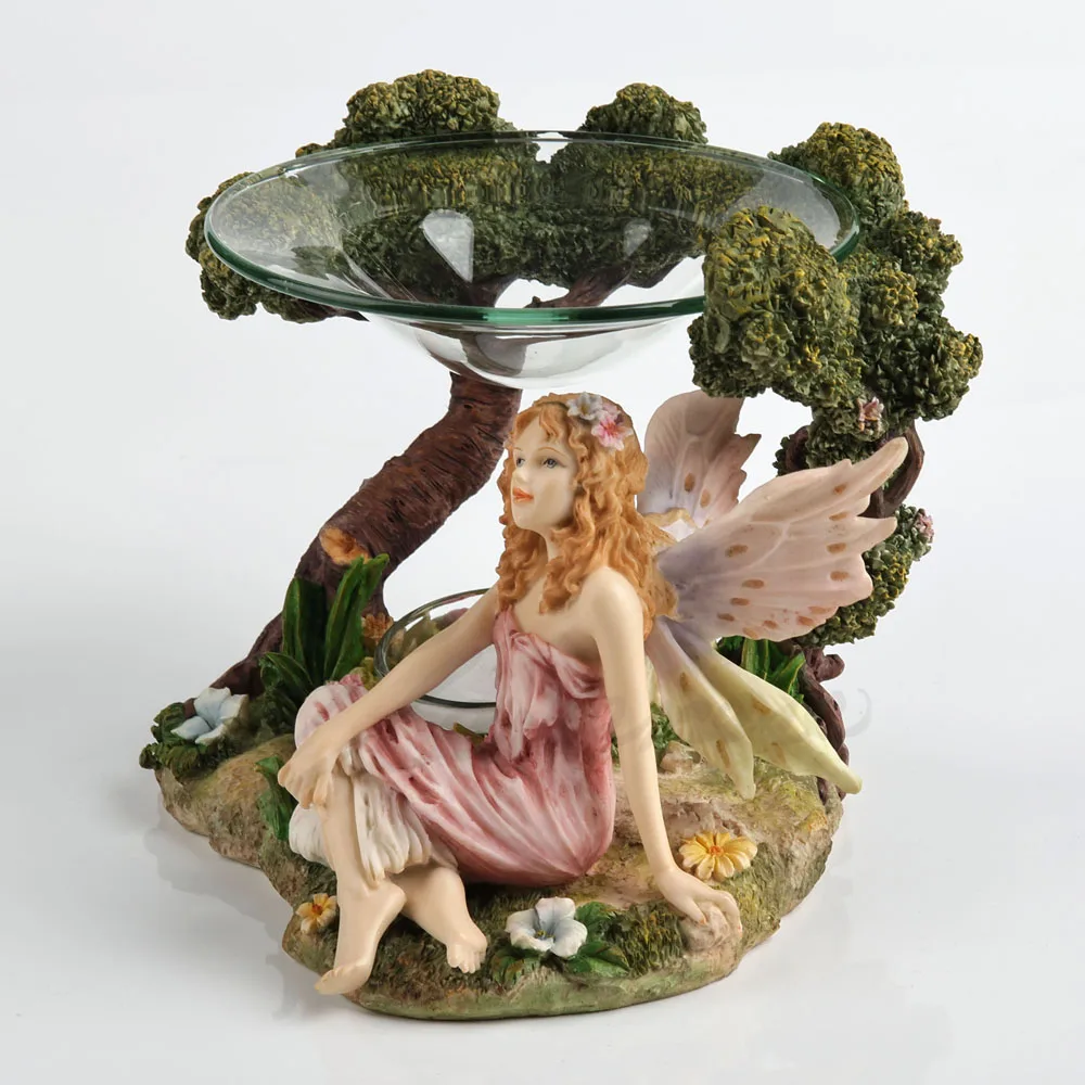 Forest Fairy Figurine Candle Holder with Tree Shaped Glass Tray Resin Winged Elf Statue Floral Base Tealight Holder Home Decor