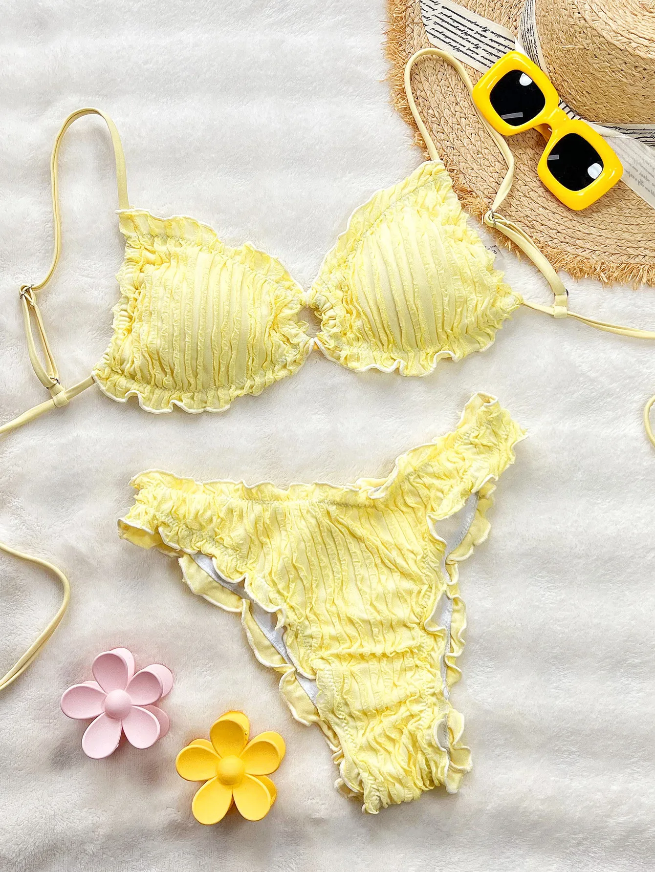 G513R Classic Ruffled Bikini Set, Elegant Simple Women Summer Beach Two Piece Swimwear
