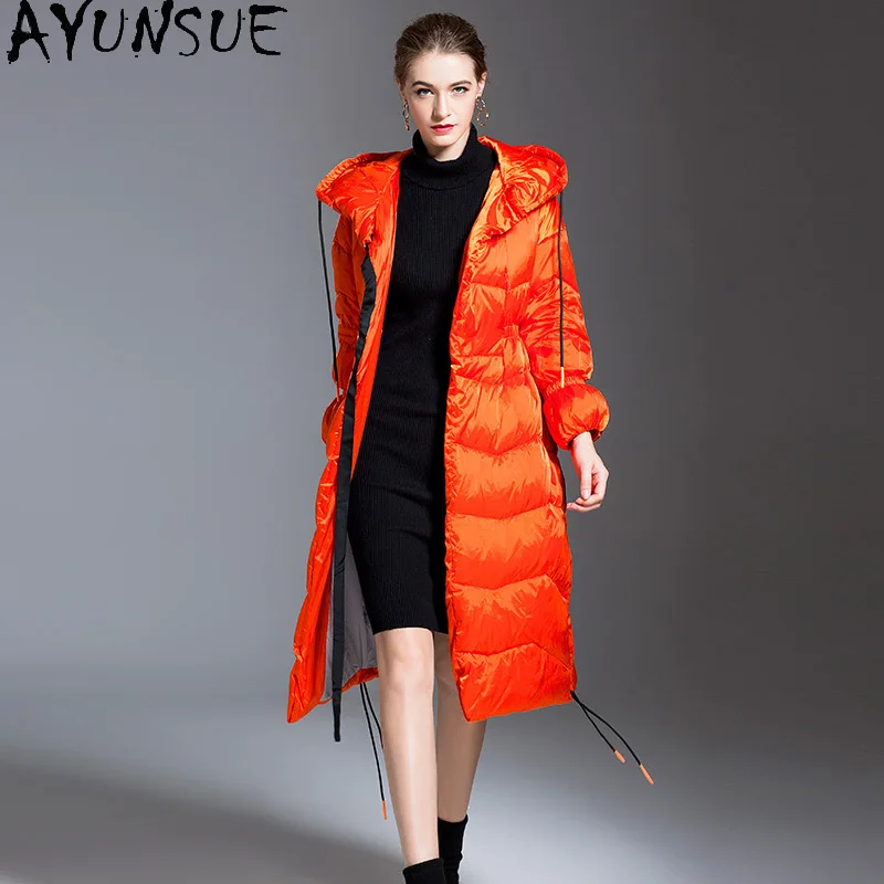 AYUNSUE White Duck Down Puffer Jacket Women Luxury Long Down Coats with Hood Winter Warm Clothes Loose Fit 2024 Пуховик Женский