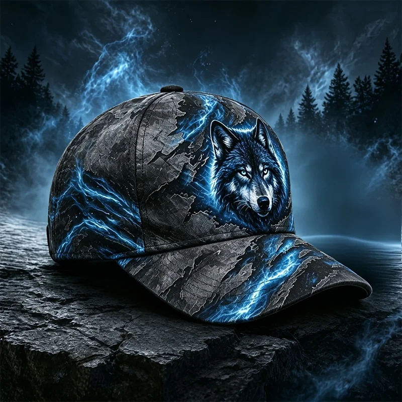 Customization Customization Wolf Head Print Baseball Cap, Unisex Adjustable Zipper Back Hat, 3D Wolf Design, Cool Lightning