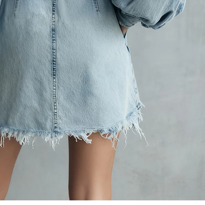 

Women's Denim Dress with Holes: Turtleneck Lantern Sleeve Pockets Back Zip Mini Dress Casual High Street Loose Street Dress