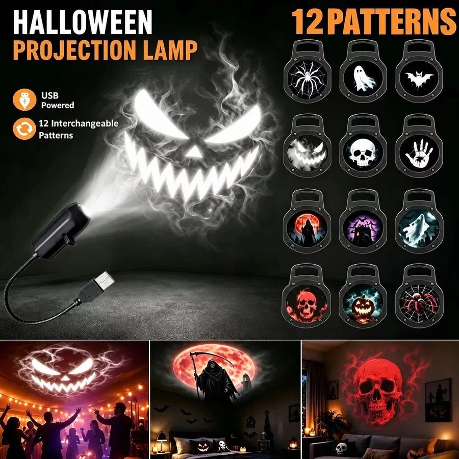 USB Projector Light Halloween Ghost Skull Night Light Switchable Pattern LED Projector Lamp for Room Ceiling Window Wall Decor